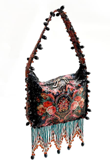 The Garnish Company_Black Printed Anais Garden Sequined Potli _Online_at_Aza_Fashions