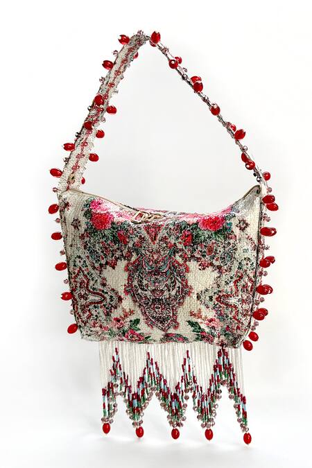 The Garnish Company_White Printed Anais Floral Vine Sequined Potli _Online_at_Aza_Fashions