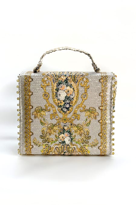 Shop The Garnish Company Grey Printed Tindra Mon Amour Sequined Bag at Aza Fashions Shop_The Garnish Company_Grey Printed Tindra Mon Amour Sequined Bag _at_Aza_Fashions