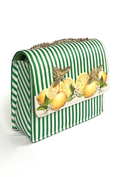 The Garnish Company Green Brooch Lemon And Stripe Print Sling Bag 