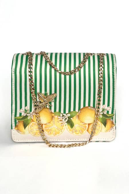 Shop The Garnish Company Green Brooches Lemon And Stripe Print Sling Bag at Aza Fashions Shop_The Garnish Company_Green Brooches Lemon And Stripe Print Sling Bag _at_Aza_Fashions