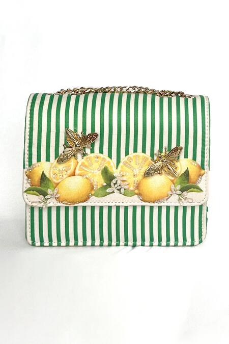 The Garnish Company Green Brooches Lemon And Stripe Print Sling Bag Online at Aza Fashions The Garnish Company_Green Brooches Lemon And Stripe Print Sling Bag _Online_at_Aza_Fashions