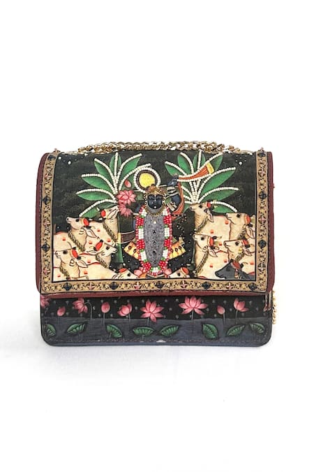 The Garnish Company Black Bead Govinda Kanha Print Sling Bag 