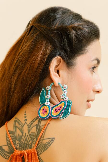 Buy_Krutiarts_Green Embroidery Bermuda Papaya Earrings 