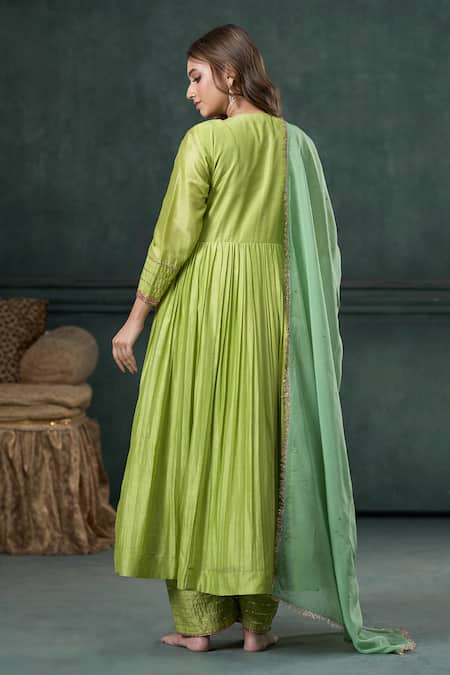 Shop Hirika & Dhruti Green Silk, Organza Sequins, Embroidery, Fringe Floral Linear Hand Anarkali Set at Aza Fashions Shop_Hirika & Dhruti_Green Silk, Organza Sequins, Embroidery, Fringe Floral Linear Hand Anarkali Set _at_Aza_Fashions