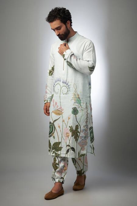 PS Men by Payal Singhal White Linen Print Bloom Niloufer Bomber Kurta With Jogger Pant 