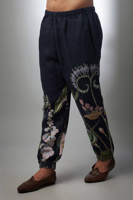 PS Men By Payal Singhal_Blue Linen Embroidery Niloufer Blossom Print Bomber Kurta With Jogger Pant _Online_at_Aza_Fashions