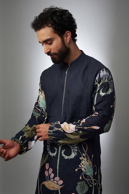 Buy_PS Men By Payal Singhal_Blue Linen Embroidery Niloufer Blossom Print Bomber Kurta With Jogger Pant _Online_at_Aza_Fashions