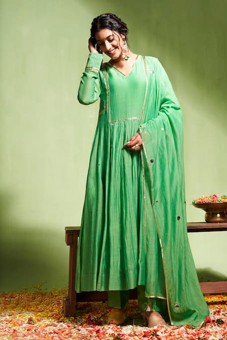 Almaari by Pooja Patel Green Anarkali And Dupatta Soft Chanderi Embroidery Gota Patti Vibha Pant Set 