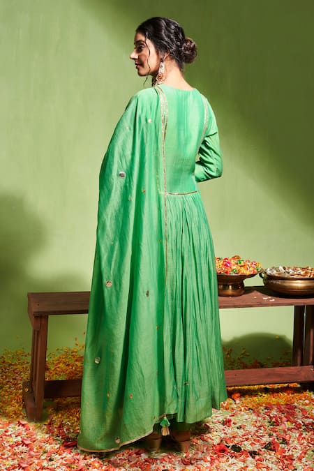 Shop Almaari By Pooja Patel Green Chanderi, Silk Gota Patti V-neck Vibha Embroidered Anarkali Pant Set at Aza Fashions Shop_Almaari By Pooja Patel_Green Chanderi, Silk Gota Patti V-neck Vibha Embroidered Anarkali Pant Set _at_Aza_Fashions