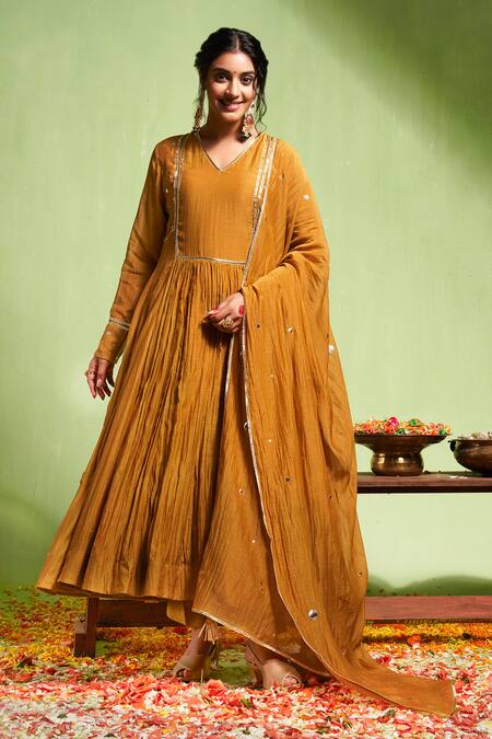 Almaari By Pooja Patel Yellow Chanderi, Silk Embroidery, Gota Patti Vibha Panel Anarkali Pant Set Online at Aza Fashions Almaari By Pooja Patel_Yellow Chanderi, Silk Embroidery, Gota Patti Vibha Panel Anarkali Pant Set _Online_at_Aza_Fashions