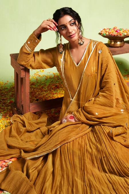 Shop Almaari By Pooja Patel Yellow Chanderi, Silk Embroidery, Gota Patti Vibha Panel Anarkali Pant Set Online at Aza Fashions Shop_Almaari By Pooja Patel_Yellow Chanderi, Silk Embroidery, Gota Patti Vibha Panel Anarkali Pant Set _Online_at_Aza_Fashions