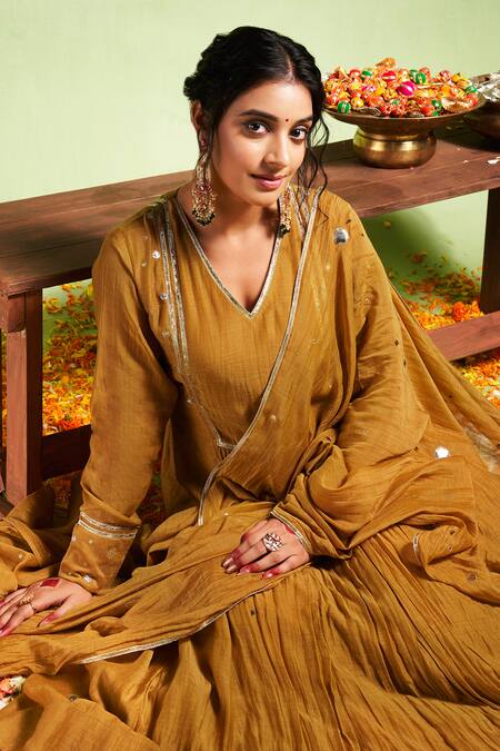 Almaari By Pooja Patel Yellow Chanderi, Silk Embroidery, Gota Patti Vibha Panel Anarkali Pant Set at Aza Fashions Almaari By Pooja Patel_Yellow Chanderi, Silk Embroidery, Gota Patti Vibha Panel Anarkali Pant Set _at_Aza_Fashions