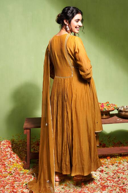 Shop Almaari By Pooja Patel Yellow Chanderi, Silk Embroidery, Gota Patti Vibha Panel Anarkali Pant Set at Aza Fashions Shop_Almaari By Pooja Patel_Yellow Chanderi, Silk Embroidery, Gota Patti Vibha Panel Anarkali Pant Set _at_Aza_Fashions