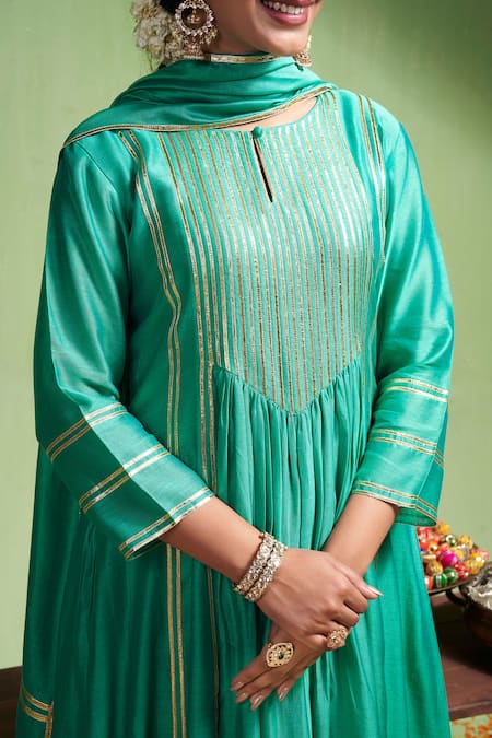 Buy Almaari By Pooja Patel Green Chanderi , Gota Patti Crew Taraana Embroidered Anarkali Pant Set Online at Aza Fashions Buy_Almaari By Pooja Patel_Green Chanderi , Gota Patti Crew Taraana Embroidered Anarkali Pant Set _Online_at_Aza_Fashions