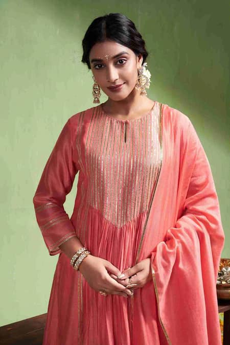 Almaari By Pooja Patel Peach Chanderi , Gota Patti Taraana Embroidered Anarkali Pant Set Online at Aza Fashions Almaari By Pooja Patel_Peach Chanderi , Gota Patti Taraana Embroidered Anarkali Pant Set _Online_at_Aza_Fashions