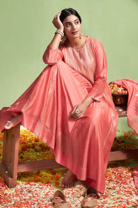 Buy Almaari By Pooja Patel Peach Chanderi , Gota Patti Taraana Embroidered Anarkali Pant Set Online at Aza Fashions Buy_Almaari By Pooja Patel_Peach Chanderi , Gota Patti Taraana Embroidered Anarkali Pant Set _Online_at_Aza_Fashions
