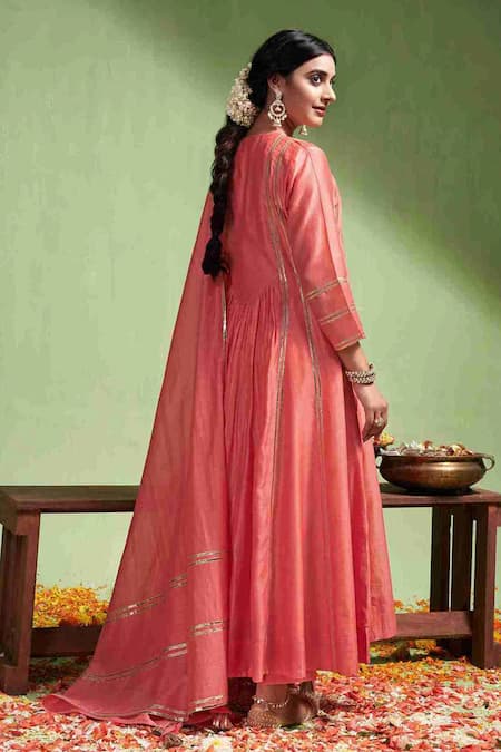 Shop Almaari By Pooja Patel Peach Chanderi , Gota Patti Taraana Embroidered Anarkali Pant Set at Aza Fashions Shop_Almaari By Pooja Patel_Peach Chanderi , Gota Patti Taraana Embroidered Anarkali Pant Set _at_Aza_Fashions