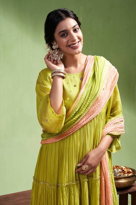 Almaari By Pooja Patel_Green Chanderi , Gota Patti Round Aarohi Gathered Anarkali Pant Set _Online_at_Aza_Fashions