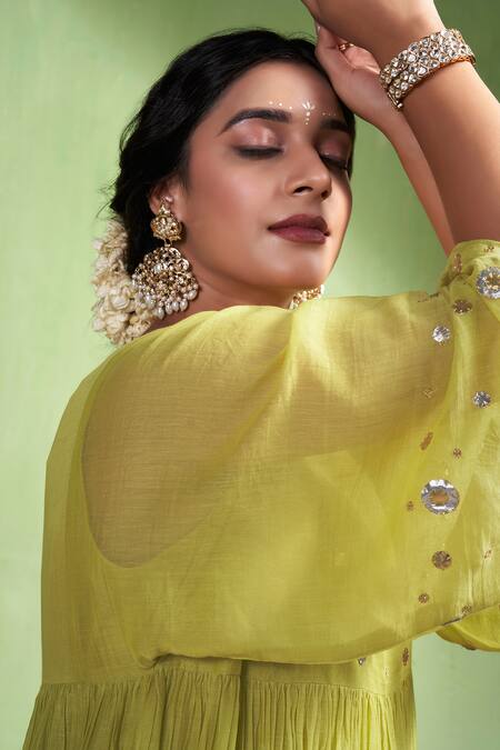 Buy_Almaari By Pooja Patel_Green Chanderi , Gota Patti Round Aarohi Gathered Anarkali Pant Set _Online_at_Aza_Fashions