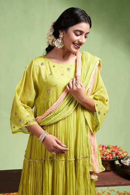 Shop_Almaari By Pooja Patel_Green Chanderi , Gota Patti Round Aarohi Gathered Anarkali Pant Set _at_Aza_Fashions