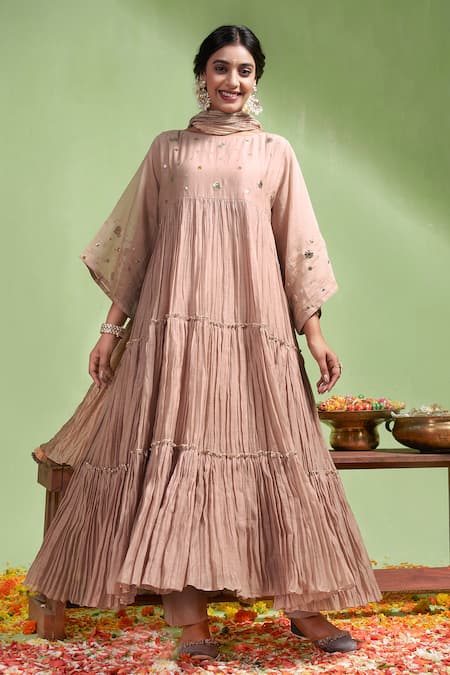 Almaari by Pooja Patel Pink Anarkali And Dupatta Chanderi Silk Embroidery Gota Patti Aarohi Pant Set 