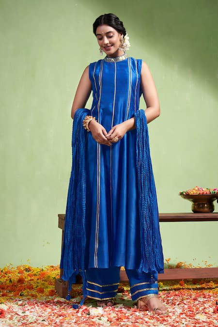 Almaari by Pooja Patel Blue Chanderi Silk Embroidery Gota Patti High Neck Saumya Anarkali Pant Set 