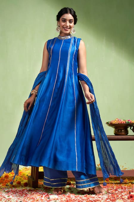Almaari By Pooja Patel Blue Chanderi Silk Gota Patti, Embroidery High Neck Saumya Anarkali Pant Set Online at Aza Fashions Almaari By Pooja Patel_Blue Chanderi Silk Gota Patti, Embroidery High Neck Saumya Anarkali Pant Set _Online_at_Aza_Fashions