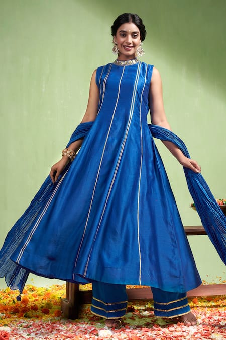 Shop Almaari By Pooja Patel Blue Chanderi Silk Gota Patti, Embroidery High Neck Saumya Anarkali Pant Set Online at Aza Fashions Shop_Almaari By Pooja Patel_Blue Chanderi Silk Gota Patti, Embroidery High Neck Saumya Anarkali Pant Set _Online_at_Aza_Fashions