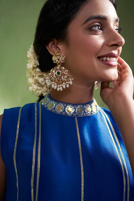 Almaari By Pooja Patel Blue Chanderi Silk Gota Patti, Embroidery High Neck Saumya Anarkali Pant Set at Aza Fashions Almaari By Pooja Patel_Blue Chanderi Silk Gota Patti, Embroidery High Neck Saumya Anarkali Pant Set _at_Aza_Fashions