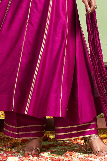 Almaari By Pooja Patel Pink Chanderi Silk Embroidery, Gota Patti High Neck Saumya Anarkali Pant Set Online at Aza Fashions Almaari By Pooja Patel_Pink Chanderi Silk Embroidery, Gota Patti High Neck Saumya Anarkali Pant Set _Online_at_Aza_Fashions