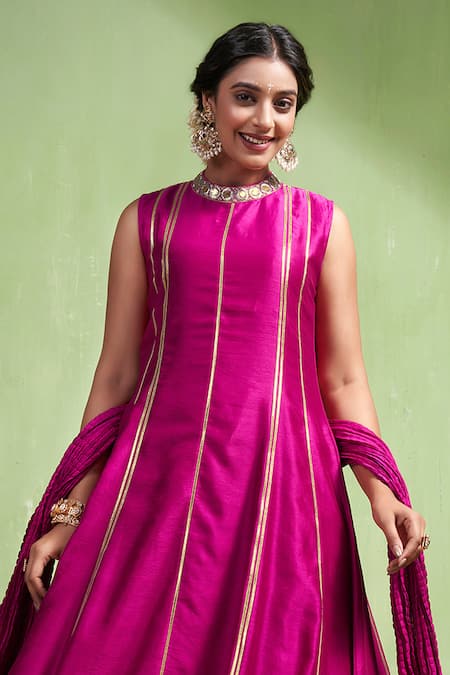 Buy Almaari By Pooja Patel Pink Chanderi Silk Embroidery, Gota Patti High Neck Saumya Anarkali Pant Set Online at Aza Fashions Buy_Almaari By Pooja Patel_Pink Chanderi Silk Embroidery, Gota Patti High Neck Saumya Anarkali Pant Set _Online_at_Aza_Fashions