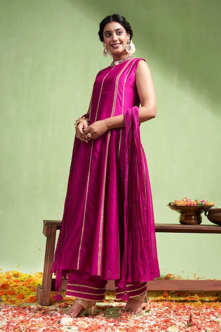 Shop Almaari By Pooja Patel Pink Chanderi Silk Embroidery, Gota Patti High Neck Saumya Anarkali Pant Set Online at Aza Fashions Shop_Almaari By Pooja Patel_Pink Chanderi Silk Embroidery, Gota Patti High Neck Saumya Anarkali Pant Set _Online_at_Aza_Fashions
