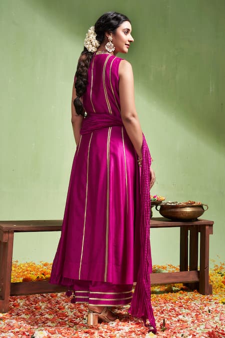 Shop Almaari By Pooja Patel Pink Chanderi Silk Embroidery, Gota Patti High Neck Saumya Anarkali Pant Set at Aza Fashions Shop_Almaari By Pooja Patel_Pink Chanderi Silk Embroidery, Gota Patti High Neck Saumya Anarkali Pant Set _at_Aza_Fashions