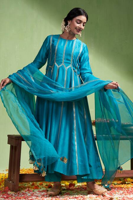 Almaari By Pooja Patel_Blue Chanderi , Organza, Gota Pratibha Embroidered Anarkali Pant Set _Online_at_Aza_Fashions