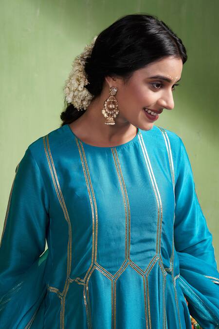 Buy_Almaari By Pooja Patel_Blue Chanderi , Organza, Gota Pratibha Embroidered Anarkali Pant Set _Online_at_Aza_Fashions