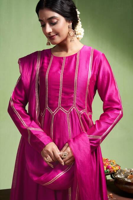 Shop_Almaari By Pooja Patel_Pink Chanderi Silk, Organza, Pratibha Geometric Embroidered Anarkali Pant Set _Online_at_Aza_Fashions