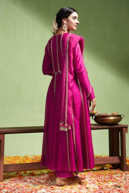 Shop_Almaari By Pooja Patel_Pink Chanderi Silk, Organza, Pratibha Geometric Embroidered Anarkali Pant Set _at_Aza_Fashions