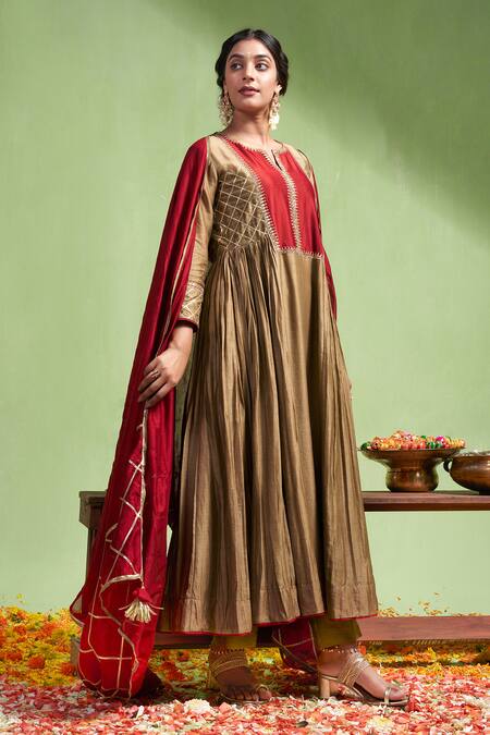 Almaari By Pooja Patel Brown Chanderi , Tassels, Tarini Contrast Yoke Anarkali Pant Set Online at Aza Fashions Almaari By Pooja Patel_Brown Chanderi , Tassels, Tarini Contrast Yoke Anarkali Pant Set _Online_at_Aza_Fashions