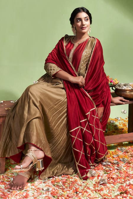 Shop Almaari By Pooja Patel Brown Chanderi , Tassels, Tarini Contrast Yoke Anarkali Pant Set Online at Aza Fashions Shop_Almaari By Pooja Patel_Brown Chanderi , Tassels, Tarini Contrast Yoke Anarkali Pant Set _Online_at_Aza_Fashions