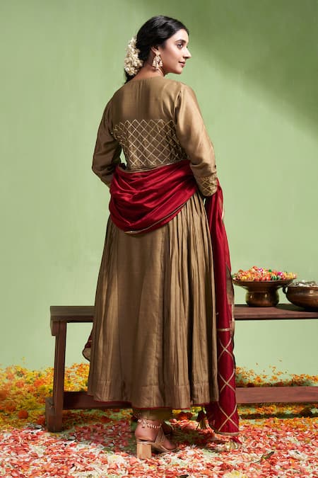 Shop Almaari By Pooja Patel Brown Chanderi , Tassels, Tarini Contrast Yoke Anarkali Pant Set at Aza Fashions Shop_Almaari By Pooja Patel_Brown Chanderi , Tassels, Tarini Contrast Yoke Anarkali Pant Set _at_Aza_Fashions