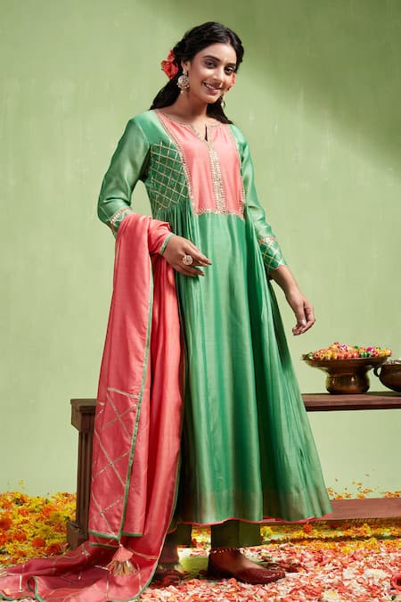 Almaari by Pooja Patel Green Anarkali And Dupatta Chanderi Silk Tarini Contrast Yoke & Pant Set 