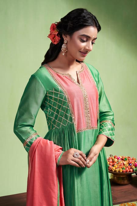 Almaari By Pooja Patel Green Chanderi , Tarini Contrast Embroidered Yoke Anarkali And Pant Set Online at Aza Fashions Almaari By Pooja Patel_Green Chanderi , Tarini Contrast Embroidered Yoke Anarkali And Pant Set _Online_at_Aza_Fashions
