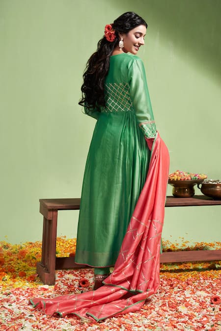 Shop Almaari By Pooja Patel Green Chanderi , Tarini Contrast Embroidered Yoke Anarkali And Pant Set at Aza Fashions Shop_Almaari By Pooja Patel_Green Chanderi , Tarini Contrast Embroidered Yoke Anarkali And Pant Set _at_Aza_Fashions