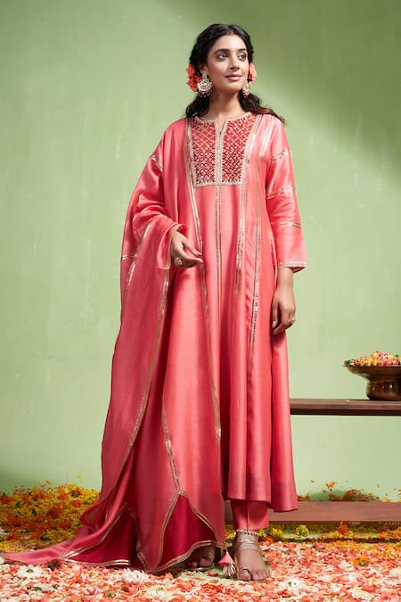 Almaari by Pooja Patel Pink Anarkali And Dupatta Chanderi Silk Embroidery Gota Niharika Yoke Pant Set 