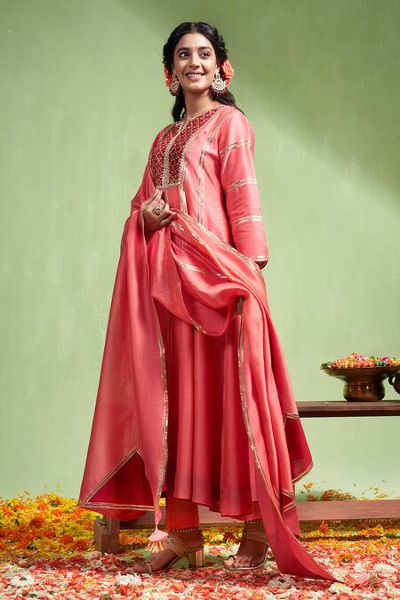 Almaari By Pooja Patel Pink Chanderi , Embroidery, Sequins, Niharika Yoke Anarkali Pant Set Online at Aza Fashions Almaari By Pooja Patel_Pink Chanderi , Embroidery, Sequins, Niharika Yoke Anarkali Pant Set _Online_at_Aza_Fashions