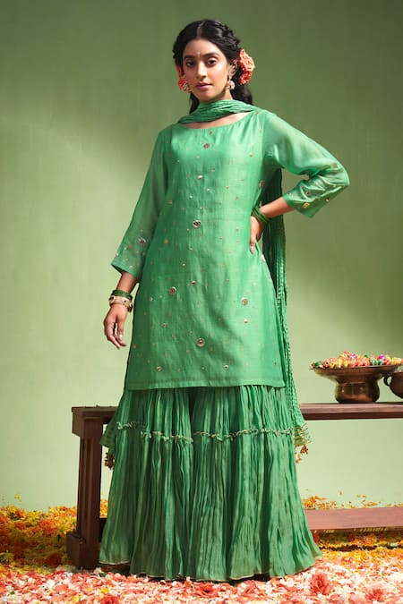 Almaari by Pooja Patel Green Kurta And Sharara Soft Chanderi Embroidery Gota Patti Round Ananya Set 