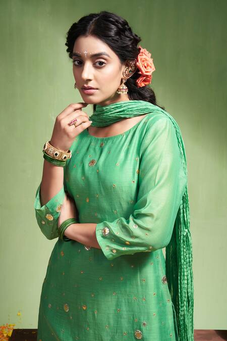 Shop Almaari By Pooja Patel Green , Silk Gota Patti Ananya Embroidered Kurta Sharara Set Online at Aza Fashions Shop_Almaari By Pooja Patel_Green , Silk Gota Patti Ananya Embroidered Kurta Sharara Set _Online_at_Aza_Fashions