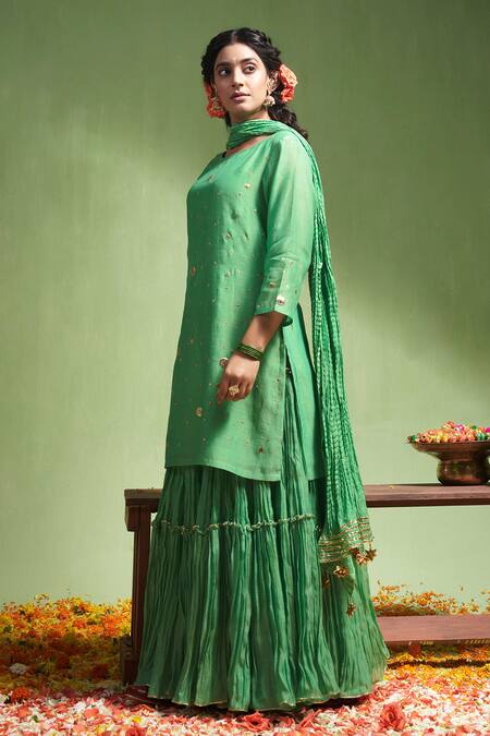 Almaari By Pooja Patel Green , Silk Gota Patti Ananya Embroidered Kurta Sharara Set at Aza Fashions Almaari By Pooja Patel_Green , Silk Gota Patti Ananya Embroidered Kurta Sharara Set _at_Aza_Fashions