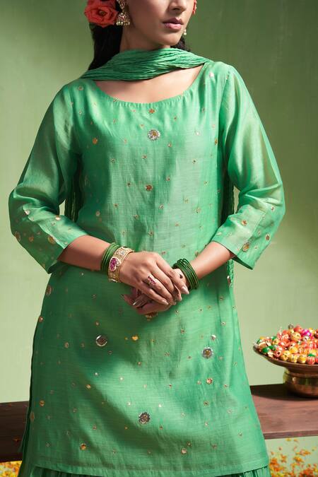 Buy Almaari By Pooja Patel Green , Silk Gota Patti Ananya Embroidered Kurta Sharara Set Buy_Almaari By Pooja Patel_Green , Silk Gota Patti Ananya Embroidered Kurta Sharara Set